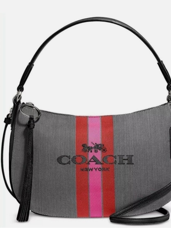 Coach Handbags - Coach Horse and Carriage Jacquard Sutton Crossbody Bag Pink & Red Center Stripe